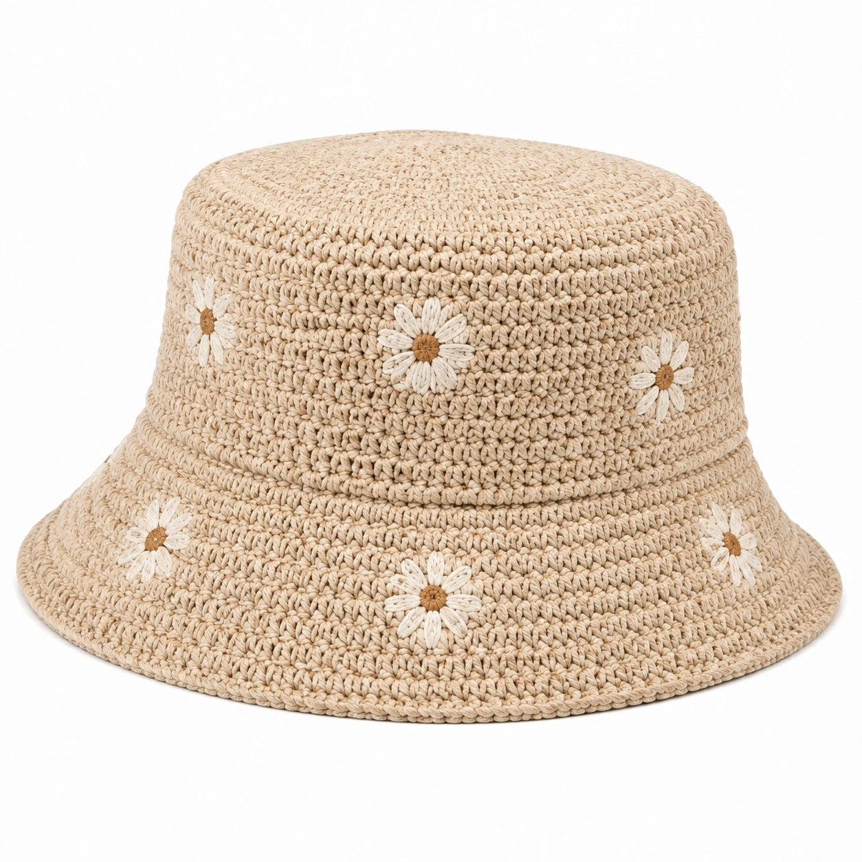 Bucket Hat Einheitsgröße Beige gehäkelt mit Blumenmuster für Alltag und Freizeit