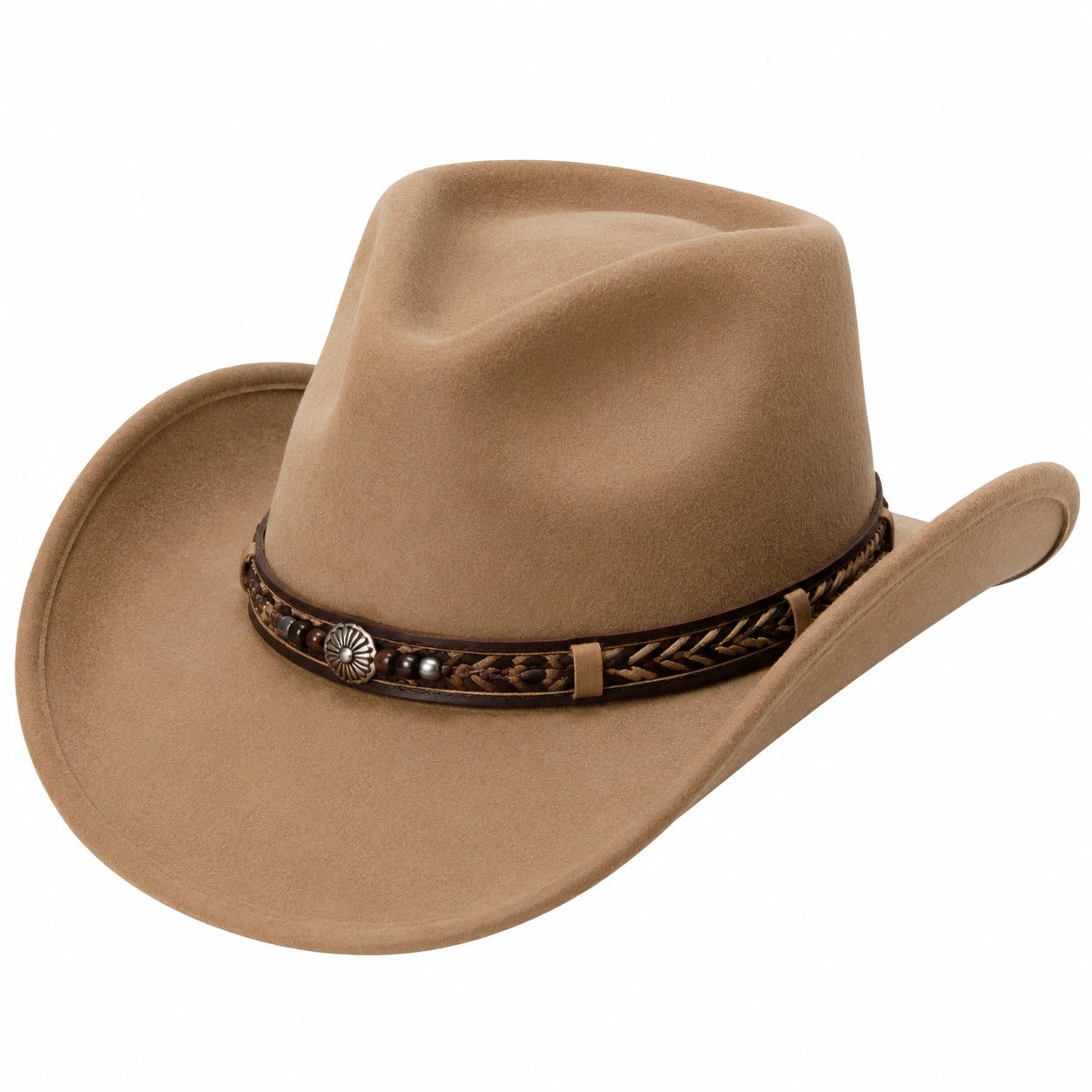Cowboyhut Einheitsgröße Beige in Filzoptik mit geflochtenem Hutband