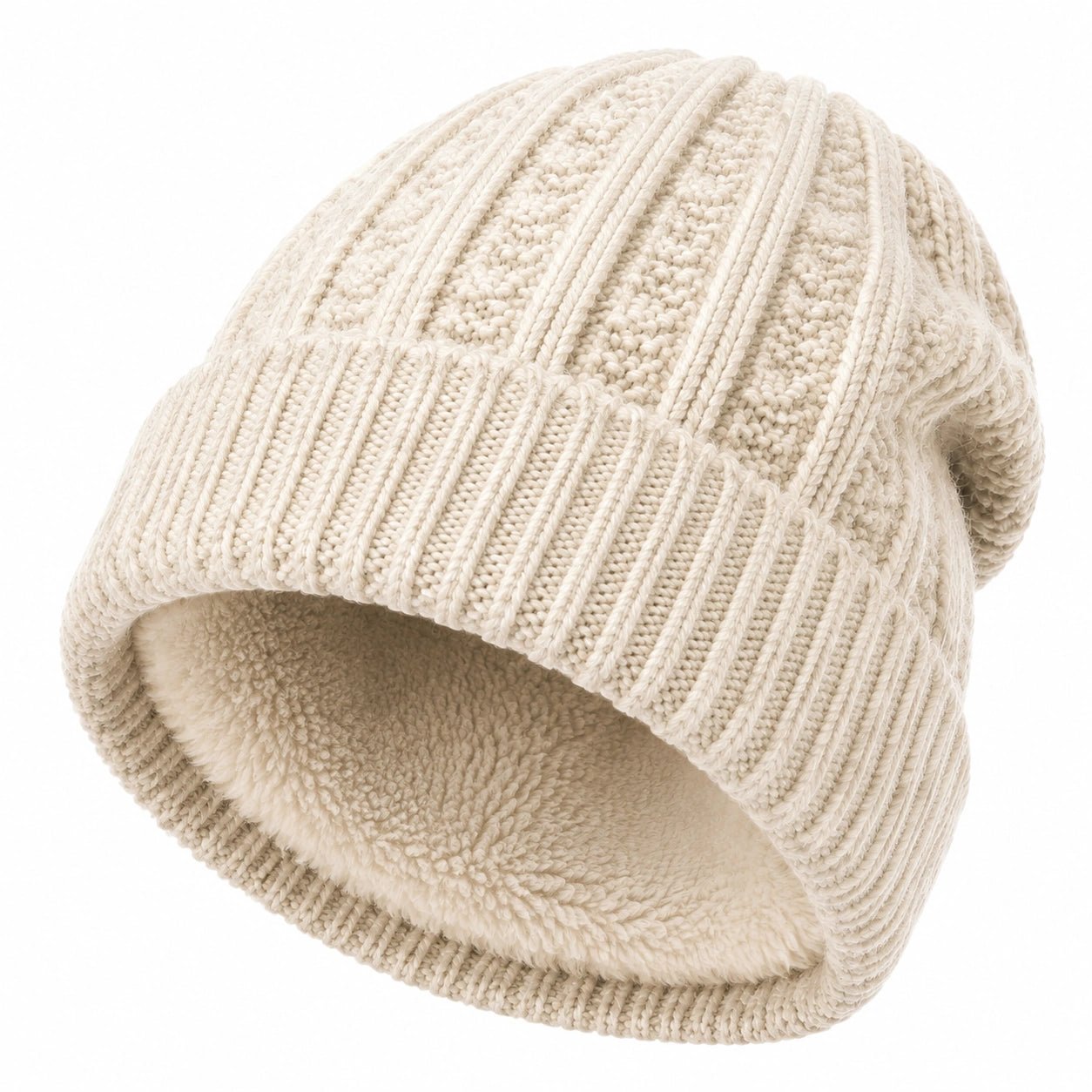 Strickmütze Einheitsgröße Creme mit Fleeceinnenfutter im Rippstrick
