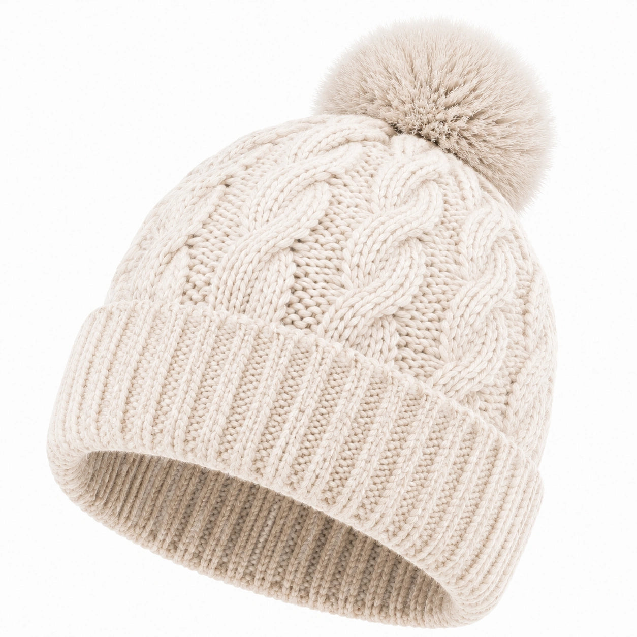 Strickmütze Einheitsgröße Creme mit Bommel Zopfmuster Winter