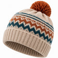 Strickmütze Einheitsgröße Beige Blau Rostrot mit Bommel und Umschlag