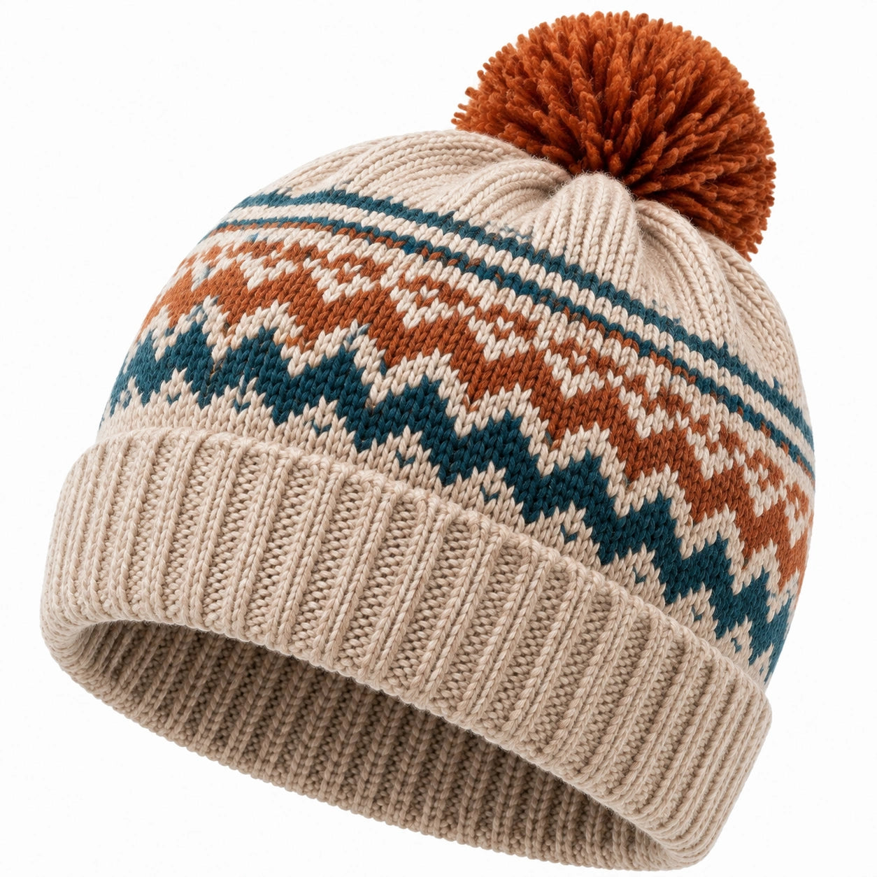 Strickmütze Einheitsgröße Beige Blau Rostrot mit Bommel und Umschlag