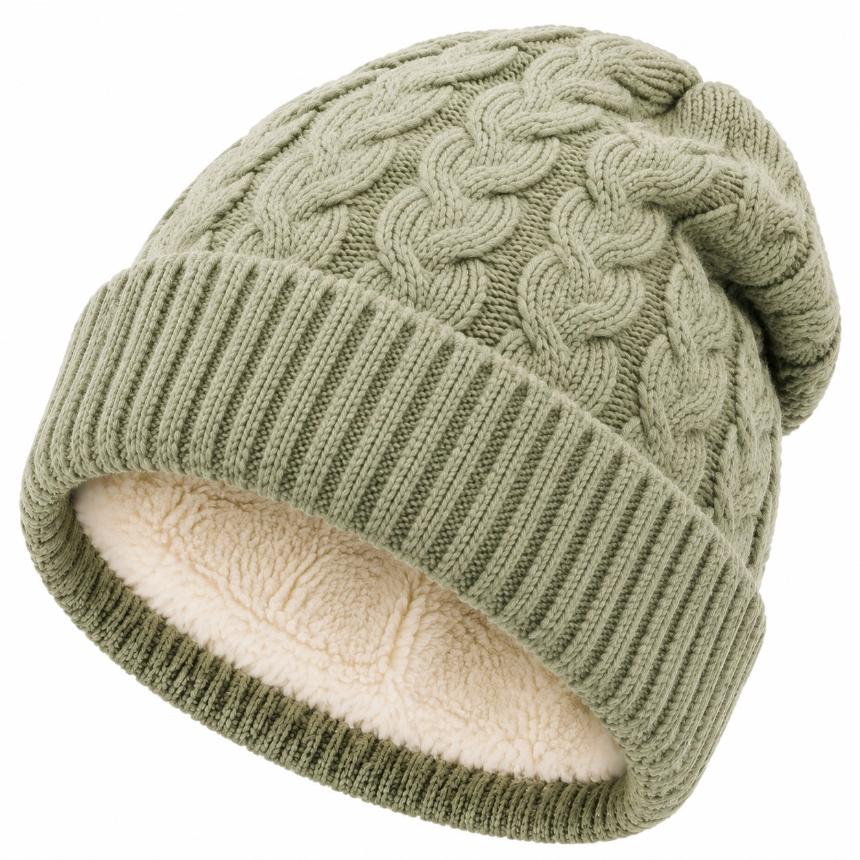 Strickmütze Einheitsgröße olivgrün mit Zopfmuster und weichem Futter für den Winter